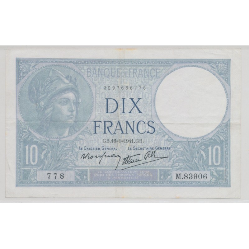 10 Francs Minerve bleu - 16.01.1941 - TTB