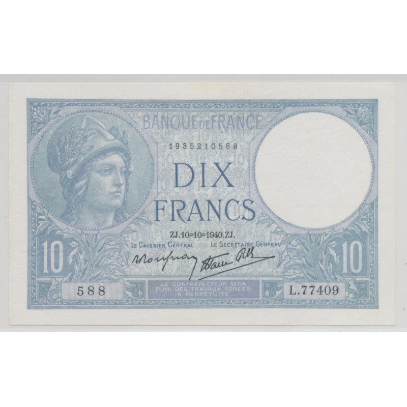10 Francs Minerve bleu - 10.10.1940 - SUP