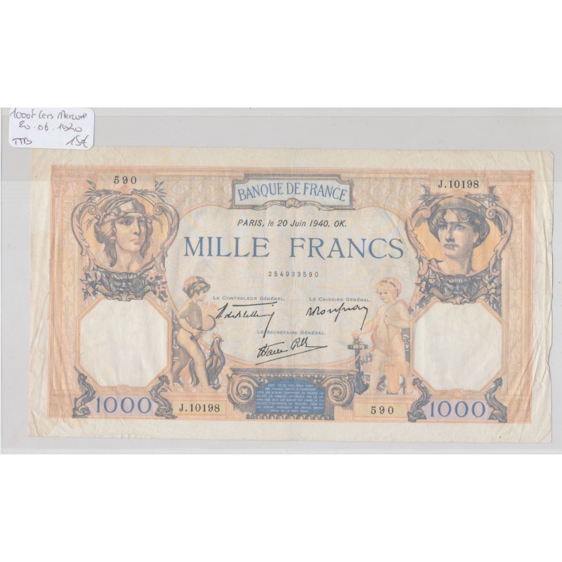 1000 Francs Cérès et mercure - 20.6.1940 - J.10198 - TTB