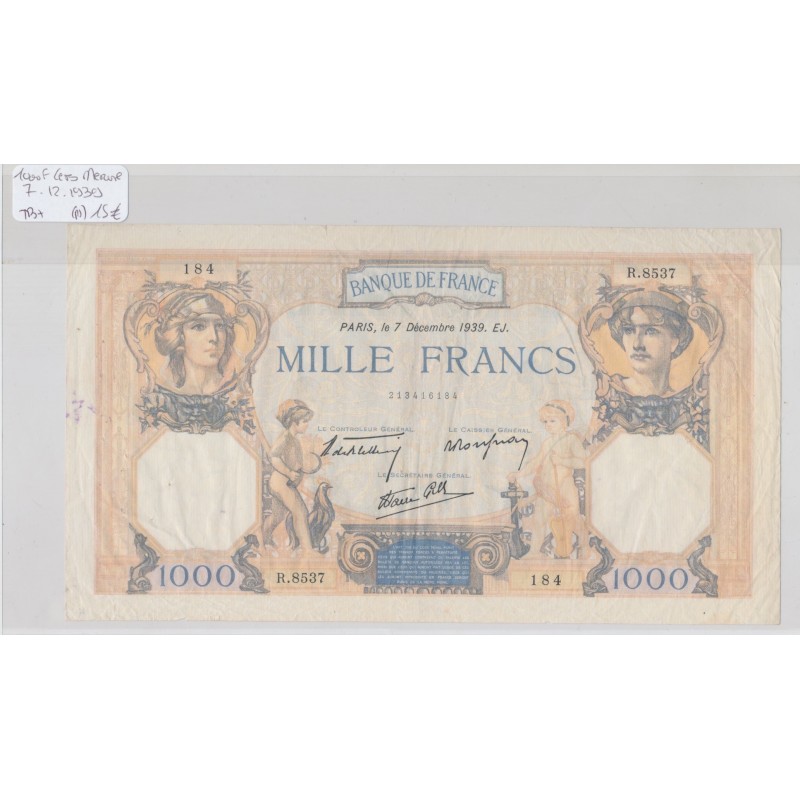 1000 Francs Cérès et mercure - 7.12.1939 - R.8537 - TB+