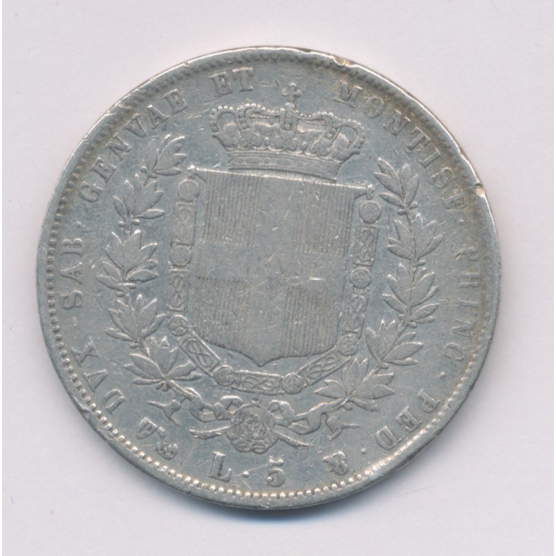 Italie - Sardaigne - 5 Lire 1854 P Genes - argent - TB