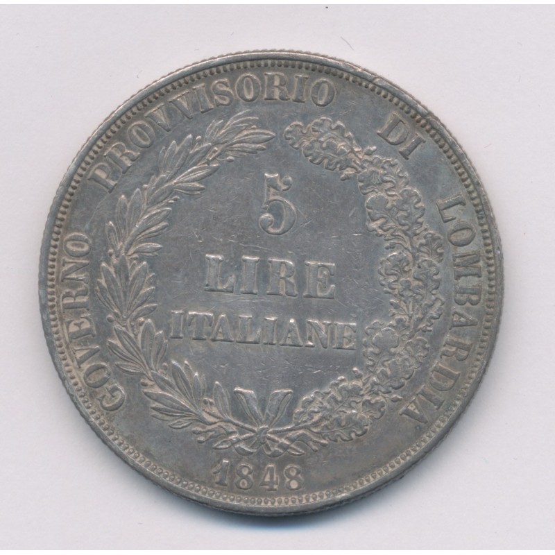 Italie - 5 Lire 1848 M Milan - Lombardie - argent - TTB+