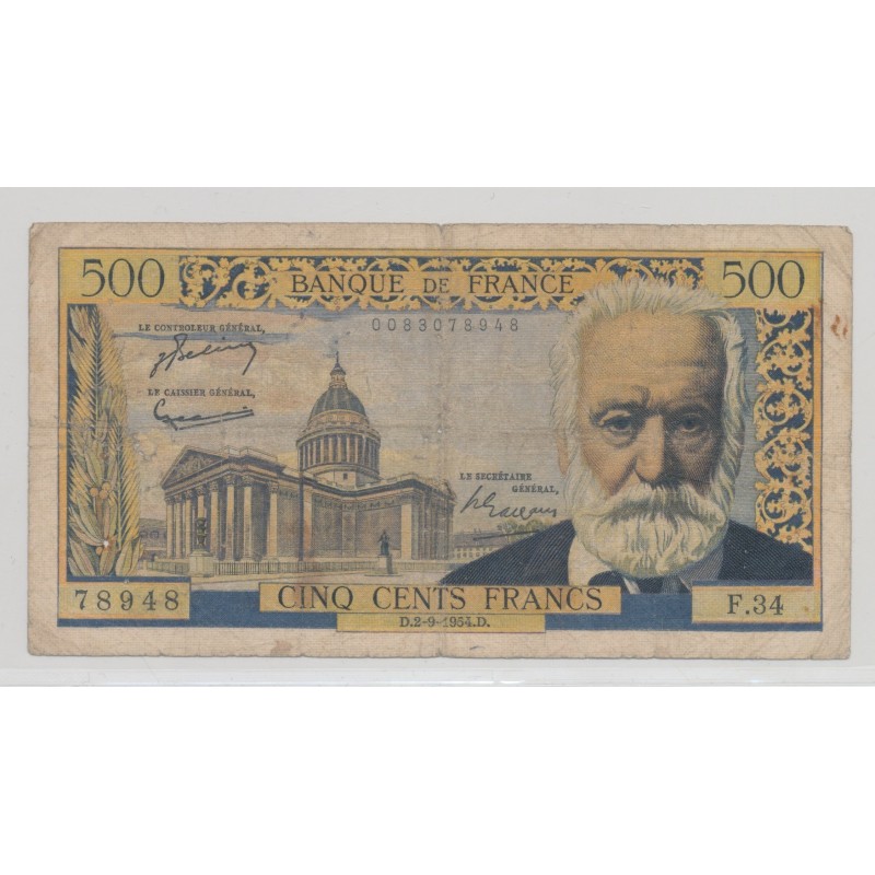 500 Francs Victor Hugo - 2.09.1954 - F.34 - TB