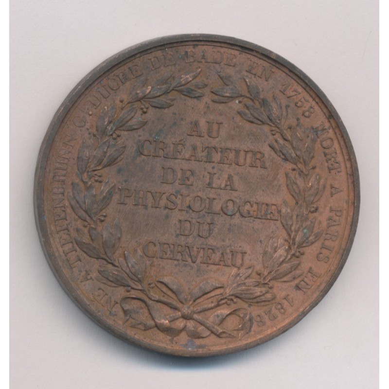 Médaille - François Joseph Gall - Créateur physiologie du cerveau - cuivre - 46mm - TTB