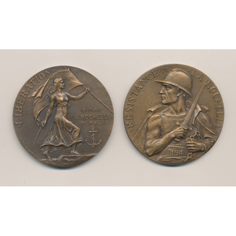 Médaille - Lot 2 Médailles - 4e Siège 1945 La Rochelle - Résistance et Libération - bronze - 50mm - WWII