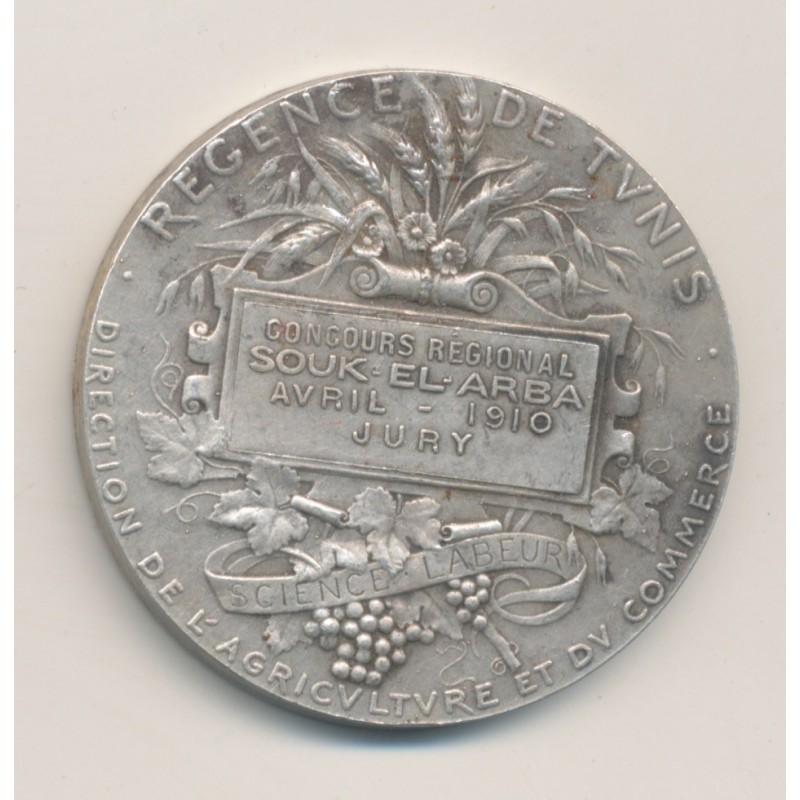 Médaille - Concours régional - Souk el arba - 1910 - argent 36,65g - 41mm - TTB+
