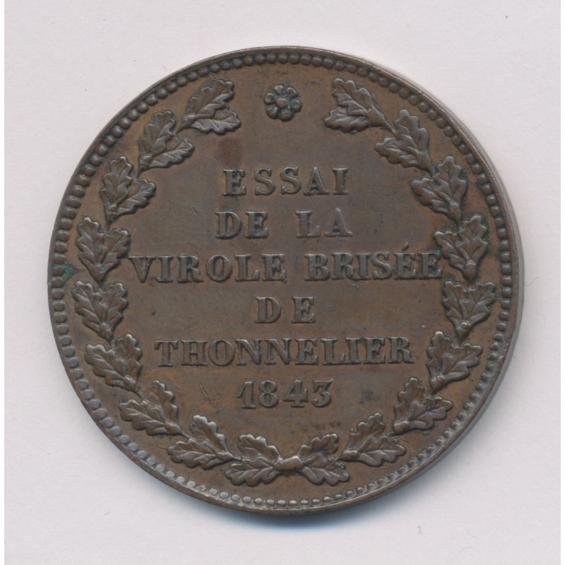 Module 5 Francs - 1843 - Essai virole brisée - par Barre - bronze - TTB+