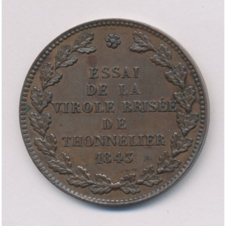 Module 5 Francs - 1843 - Essai virole brisée - par Barre - bronze - TTB+