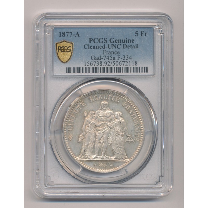5 Francs Hercule - 1877 A Paris - Cleaned - UNC Details