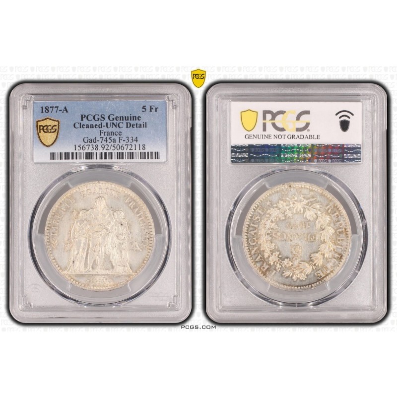 5 Francs Hercule - 1877 A Paris - Cleaned - UNC Details