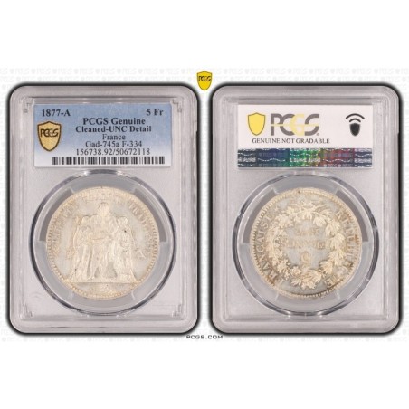 5 Francs Hercule - 1877 A Paris - Cleaned - UNC Details