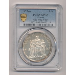 5 Francs Hercule - 1877 A Paris - UNC Details - Cleaned