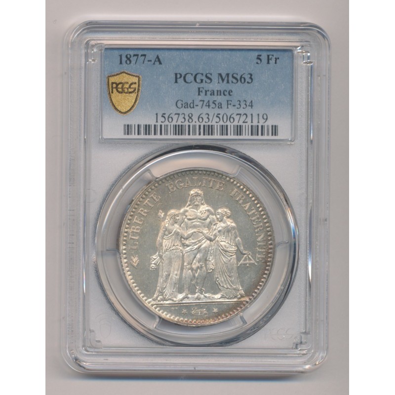 5 Francs Hercule - 1877 A Paris - UNC Details - Cleaned