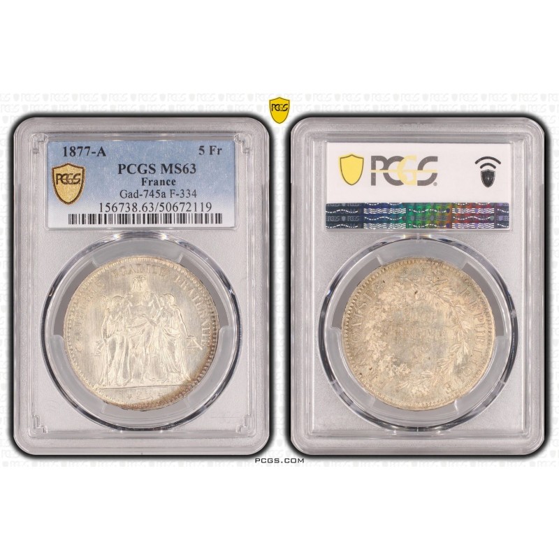 5 Francs Hercule - 1877 A Paris - UNC Details - Cleaned