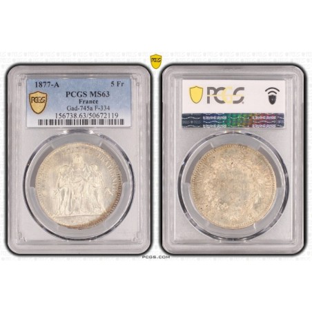 5 Francs Hercule - 1877 A Paris - UNC Details - Cleaned