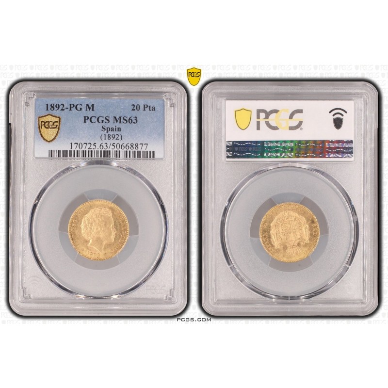 20 Pesetas - 1892 PGM - MS63 - Alfonso XIII