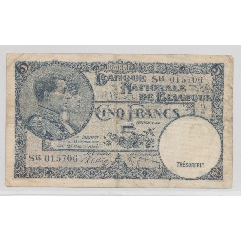 Belgique - 5 Francs - 7.03.1938 - TTB