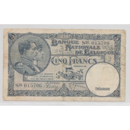 Belgique - 5 Francs - 7.03.1938 - TTB