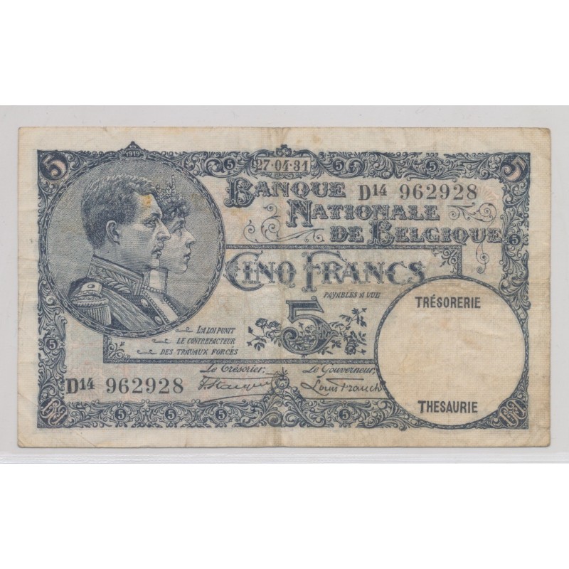Belgique - 5 Francs - 27.04.1931 - TB+