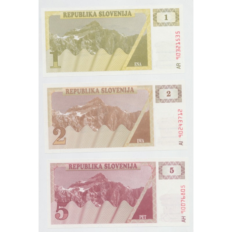 Slovénie - Série 3 billets - 1,2,5 Tolar 1990 - Neuf