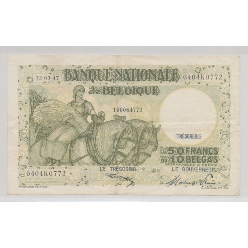 Belgique - 50 Francs-10 Belgas - 22.03.1947 - TTB
