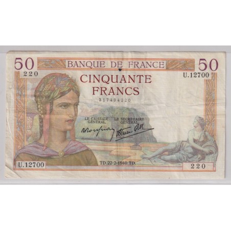 50 Francs cérès - 22.02.1940 - TTB+