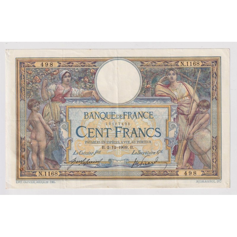 100 Francs Luc Olivier Merson - 2.12.1909 - TTB