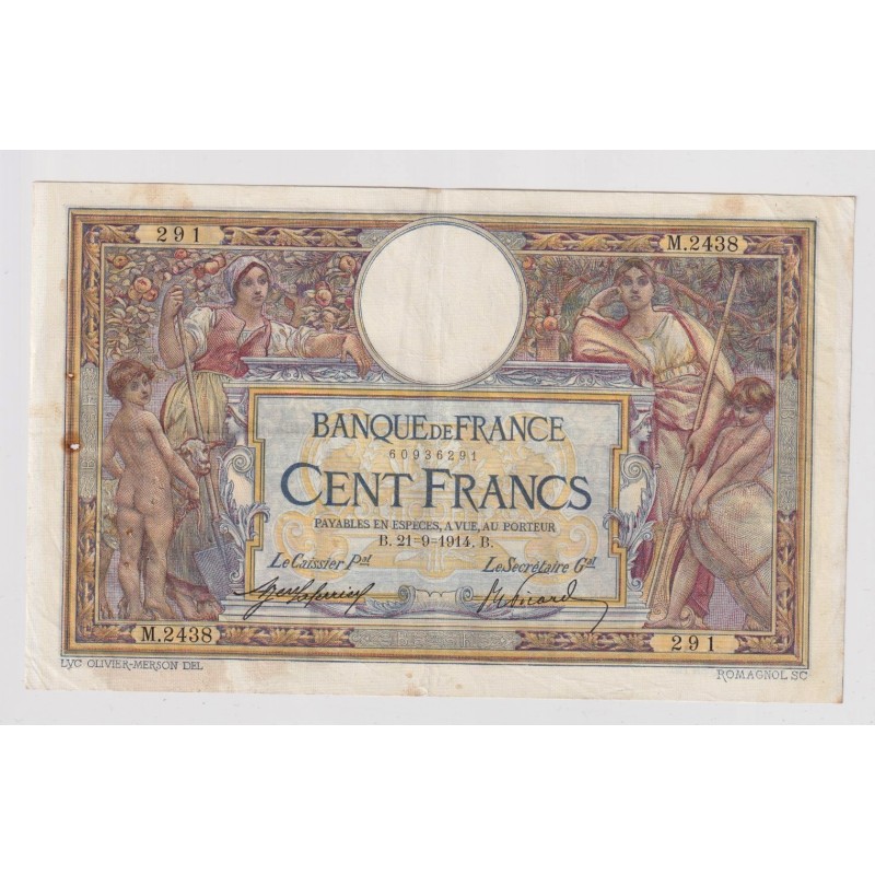 100 Francs Luc Olivier Merson - 21.09.1914 - TB+