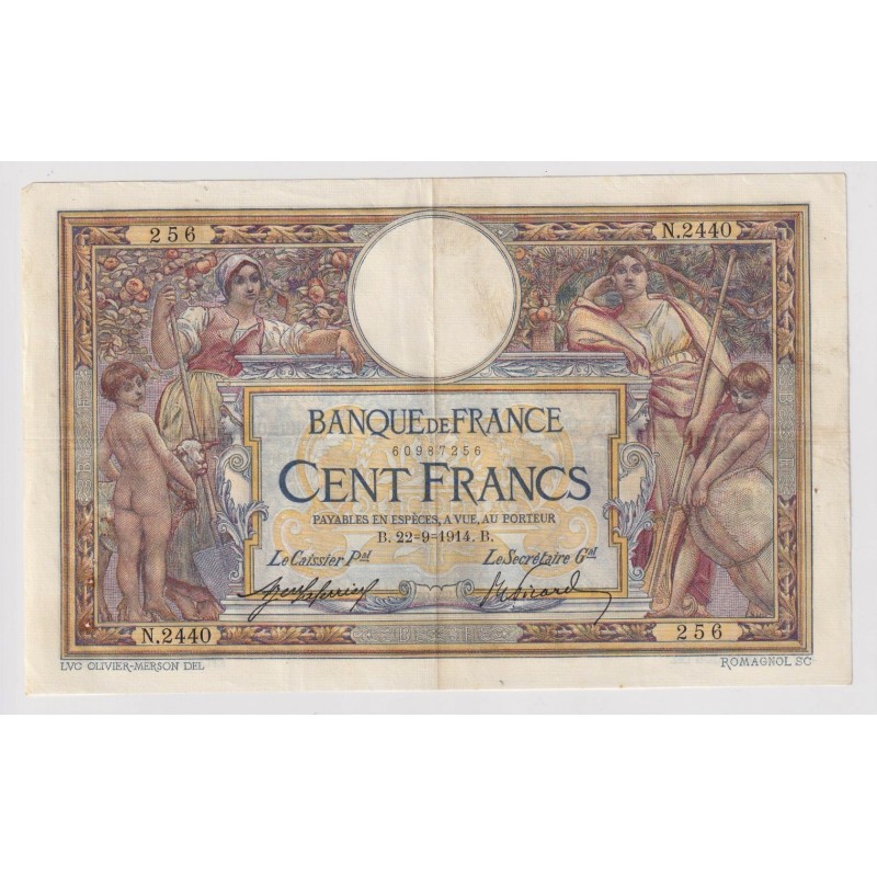 100 Francs Luc Olivier Merson - 22.09.1914 - TTB