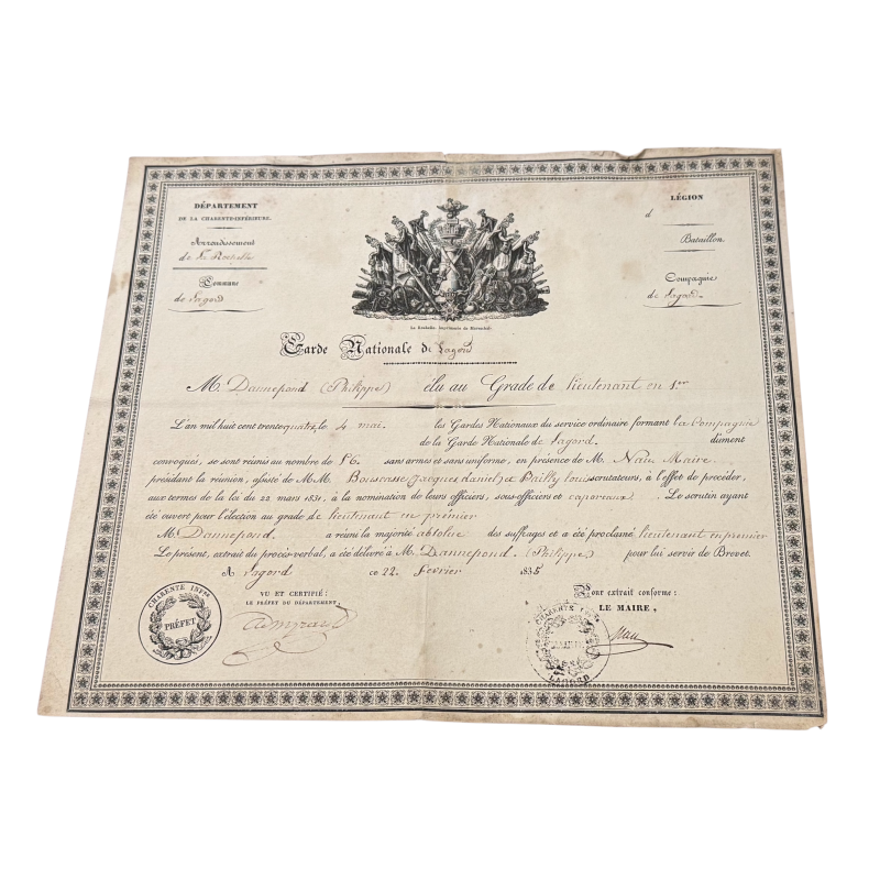Brevet Garde Nationale de Lagord - Grade lieutenant - 1835