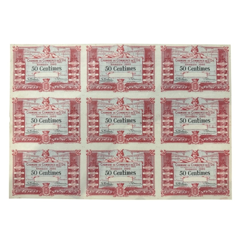 Dept88 - Planche 9 Billets nécessites - 50 Centimes 1920 - St Dié 
