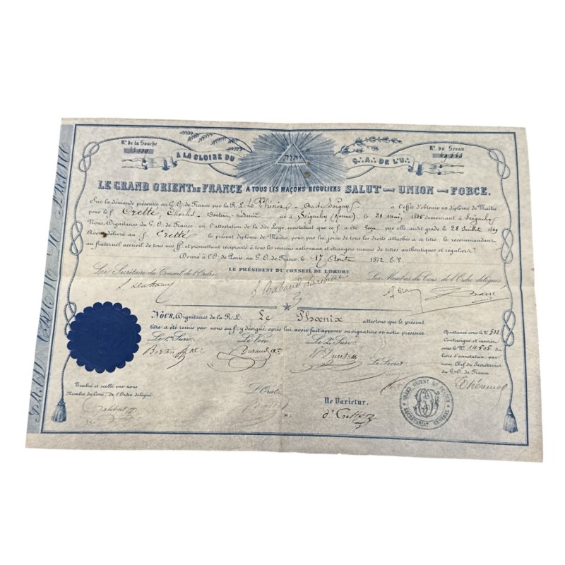 Diplôme Maçonnique  - Grand Orient de france - Diplôme de maitre 1872