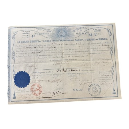 Diplôme Maçonnique  - GODF - Loge les frères réunis - Orient de Strasbourg - Diplome de maitre - 1872