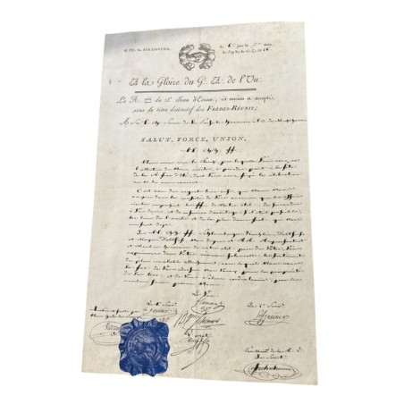 Diplôme Maçonnique  - GODF - Orient de Strasbourg - loge les frères réunis - 1826