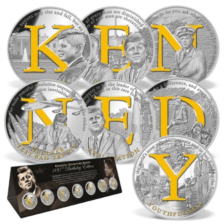 Coffret 7 Médailles John F.Kennedy - 100e anniversaire édition - signature séries - cuivre argenté et doré