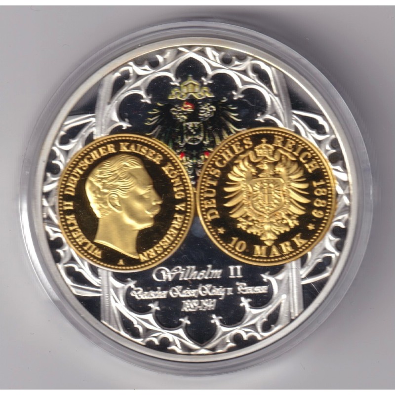 Médaille - Guillaume II - 10 mark 1889 - monarques européens - cuivre argenté et doré - 50mm