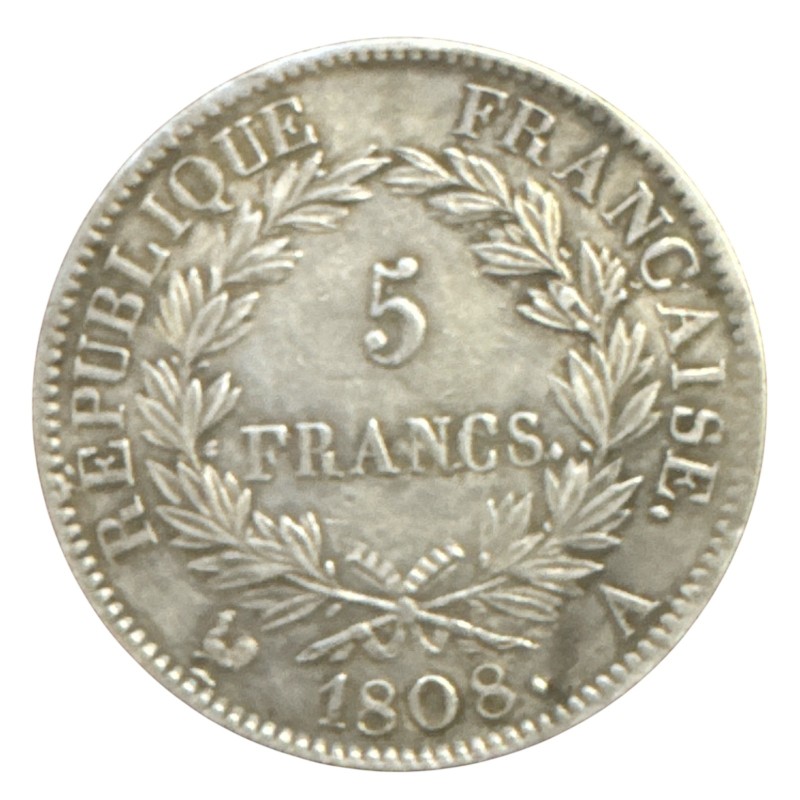 5 Francs Napoléon empereur - 1808 A Paris - Tranche regravée 1813