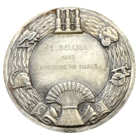 Médaille - Société industrielle de l'Aisne - 1957 - Sucrerie de Marle - bronze argenté - 59mm - TTB+