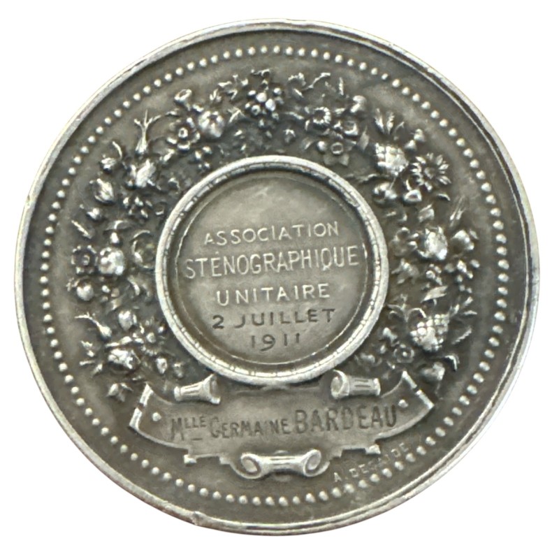 Médaille - Association Sténographique unitaire - 1911 - argent 34,18g - 42mm - Desaide et Roty - TTB+