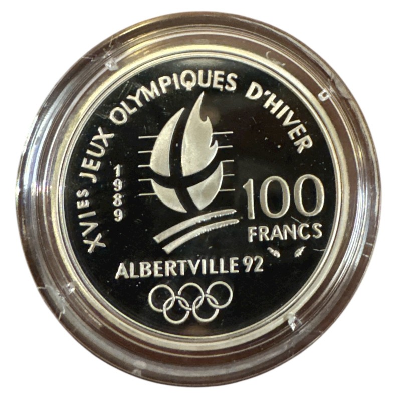 100 Francs - JO Albertville 1992 - Ski alpin 1989 - sans écrin ni certificat - argent BE - FDC