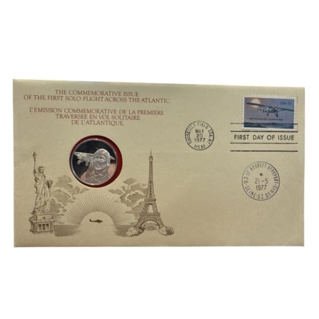 Médaille - 1ère traversée en vol solitaire de l'atlantique - avec lettre 1er jour