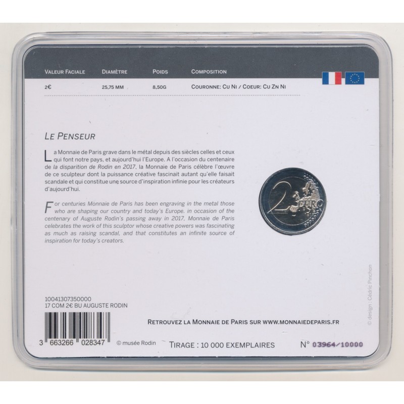 2 Euro 2017 - 100 ans Rodin - le penseur - Brillant universel