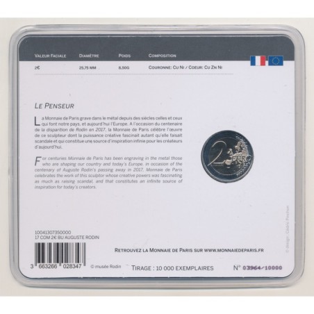 2 Euro 2017 - 100 ans Rodin - le penseur - Brillant universel