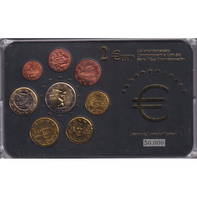 Grèce - Coffret 8 Monnaies - 1 Cent à 2 Euro années mélangées - comprenant 2€ commemo 2004 - 50.000 ex