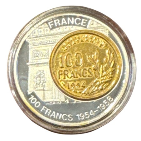 Médaille - 100 Francs Cochet dorée et incrustée - 1954-58 - Arc de triomphe - Histoire de la monnaie Française - cuivre argenté 