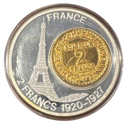 Médaille - 2 Francs Commerce dorée et incrustée - 1920-27 - Tour Eiffel - Histoire de la monnaie Française - cuivre argenté 