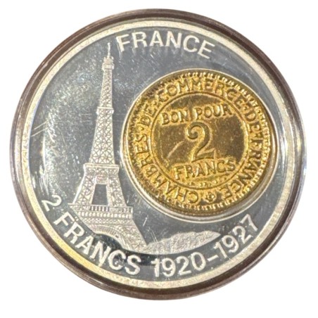 Médaille - 2 Francs Commerce dorée et incrustée - 1920-27 - Tour Eiffel - Histoire de la monnaie Française - cuivre argenté 