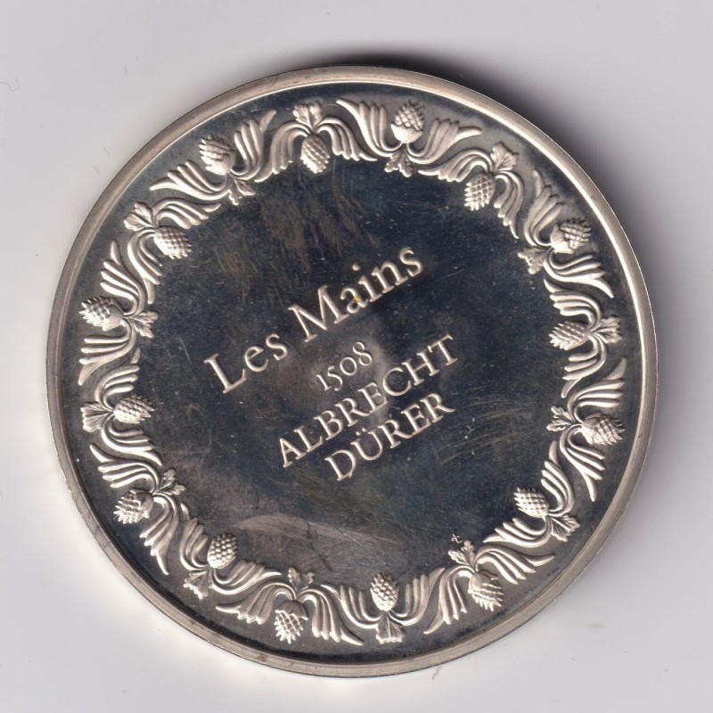 Médaille - Les mains - 1508 - Albrecht Durer - Les 100 plus grands chefs-d'oeuvre - argent 65g 0,800 - 50,5mm - SUP