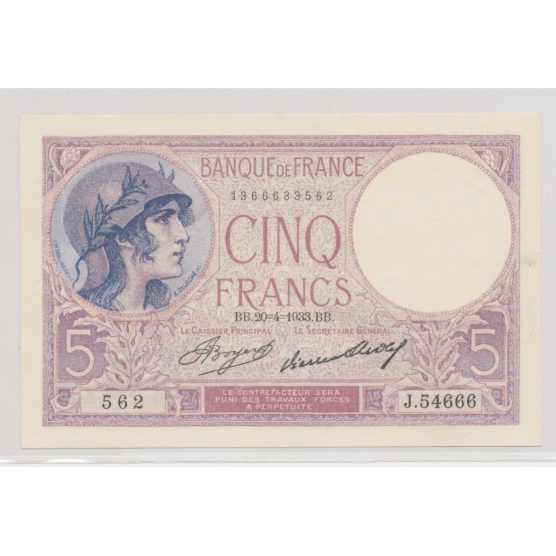 5 Francs Violet - 20.04.1933