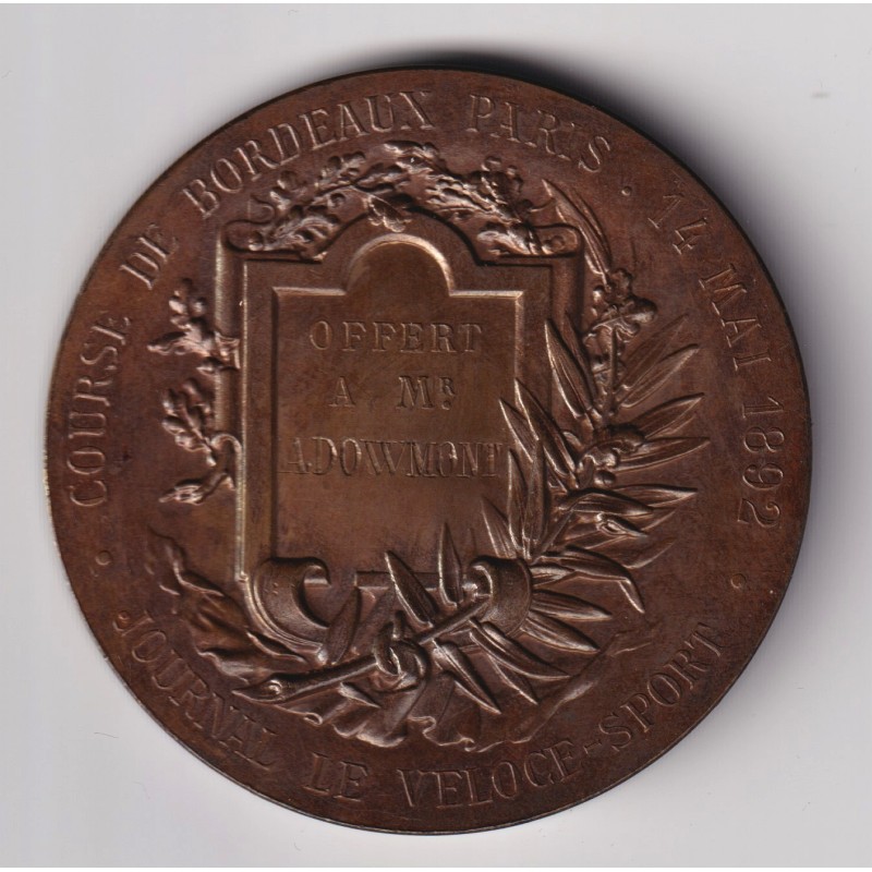 Médaille - Course cycliste Bordeaux Paris - 1892 - Journal le véloce-sport - bronze - 50mm - avec écrin - SUP